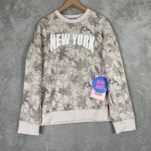 Blue Riot Sweatshirt Women Large Beige New York Camo Leaf Graphic Streetwear